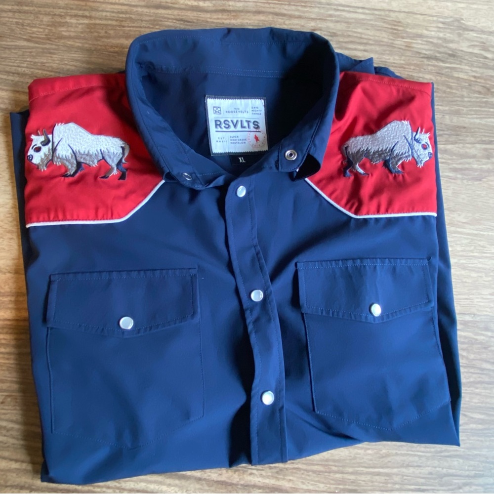 RSVLTS Rough Riders snap button short sleeve shirt, blue, XL